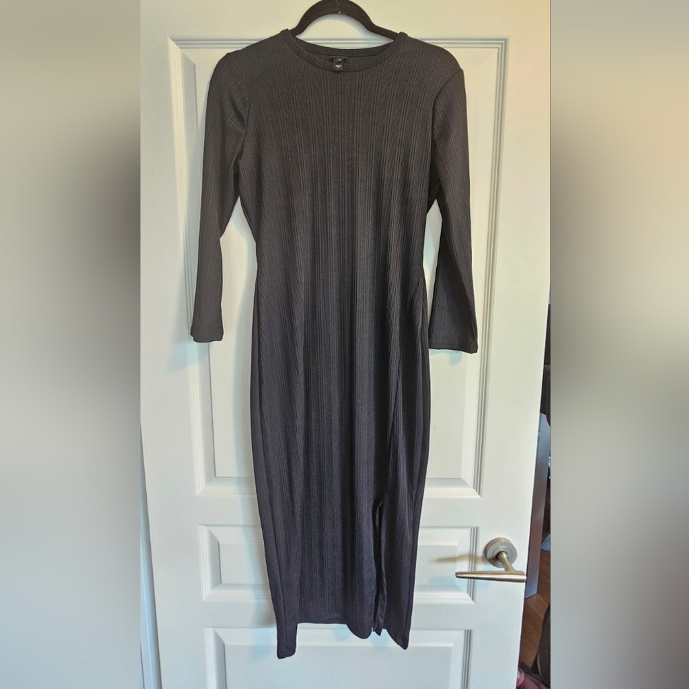 River Island Midi Ribbed Long Sleeve Bodycon Dress - Black, UK12